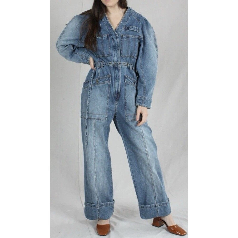 Ulla Johnson Cameron Denim Jumpsuit Blue Jeans Wide Leg Zip Up Long Sleeve 0